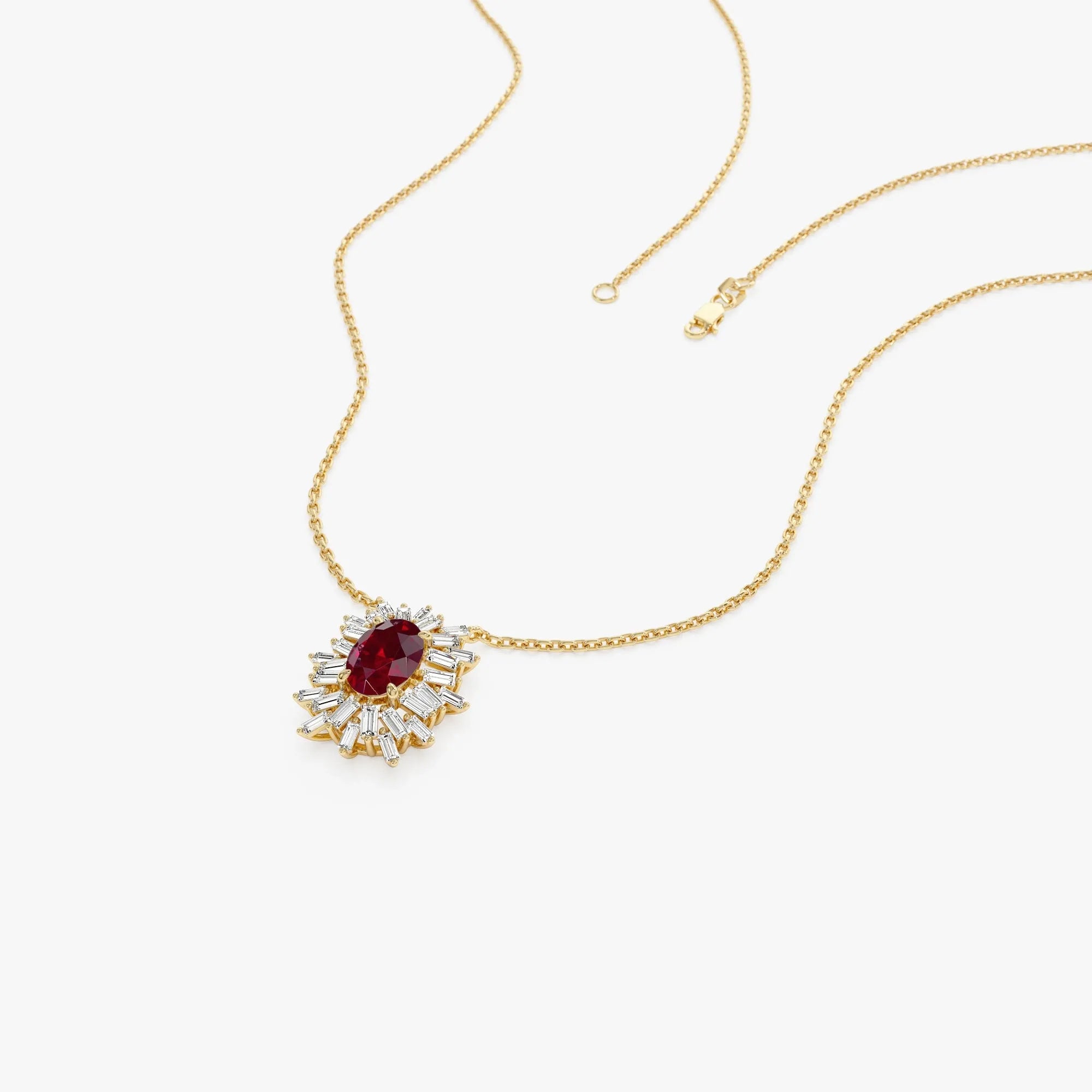 14k Solid Gold Ruby and Diamond Oval Baguette Ballerina Necklace 0.71 Carat Prong Setting