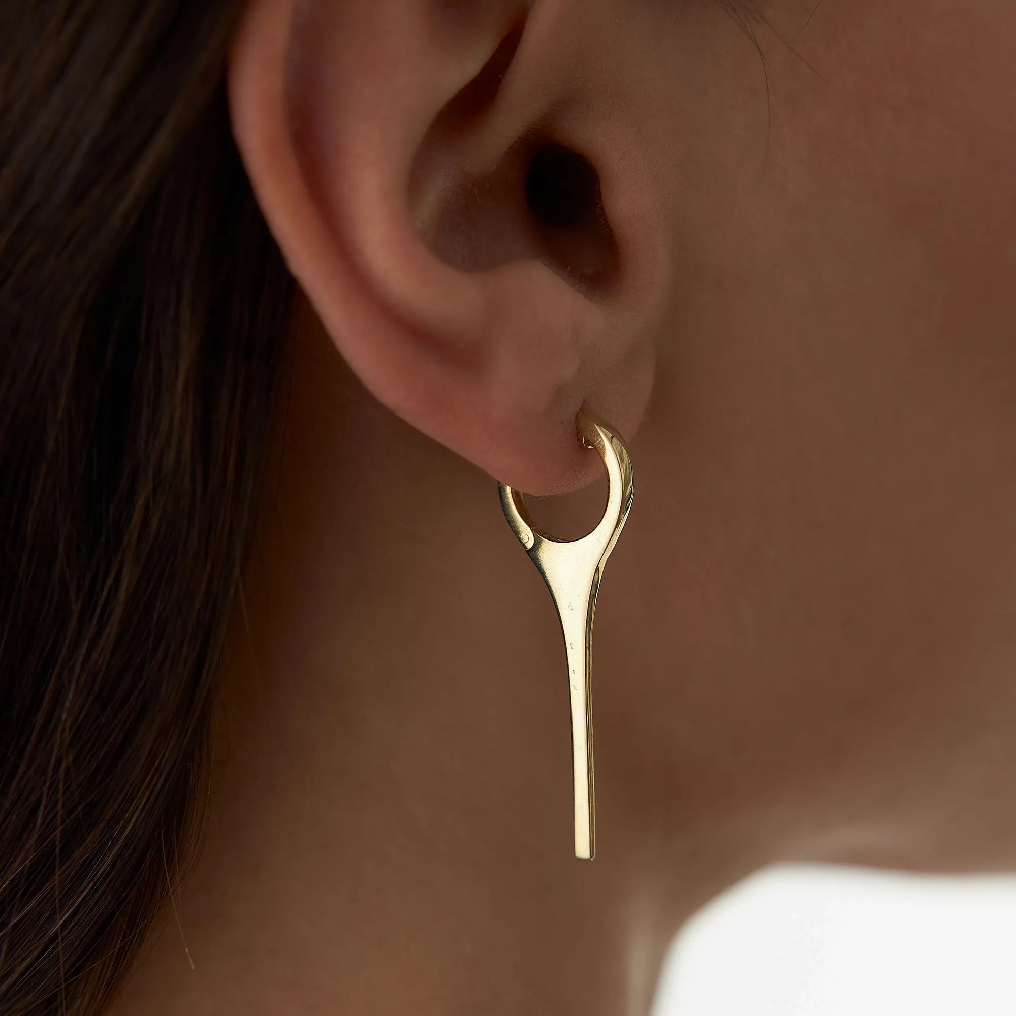 14k Solid Gold Dagger Statement Drop Hoop Earrings 40mm Length 10mm Inner Diameter