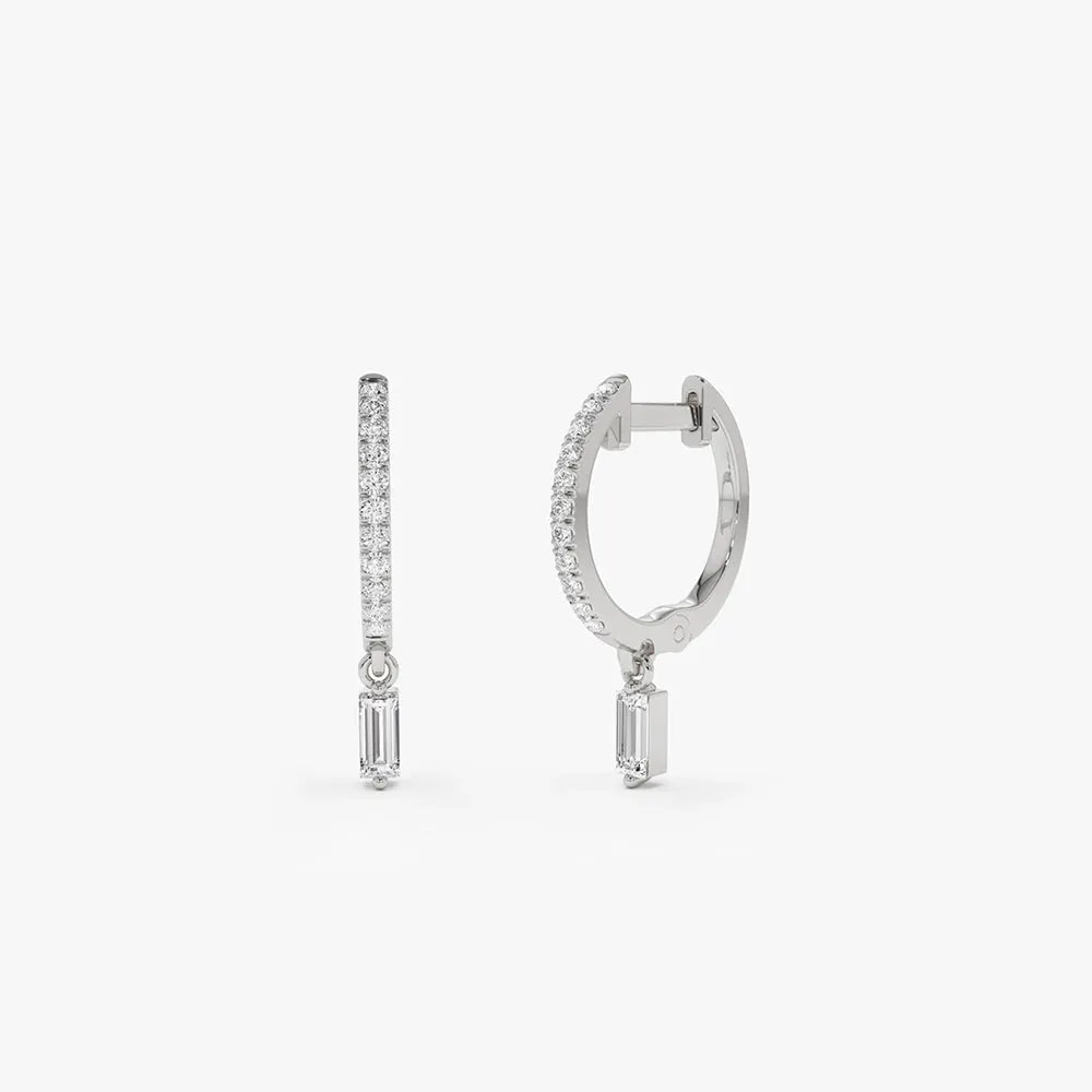 14k Gold Diamond Baguette and Round Cut Dangling Huggie Earrings Prong Micro Pave 0.27 ctw