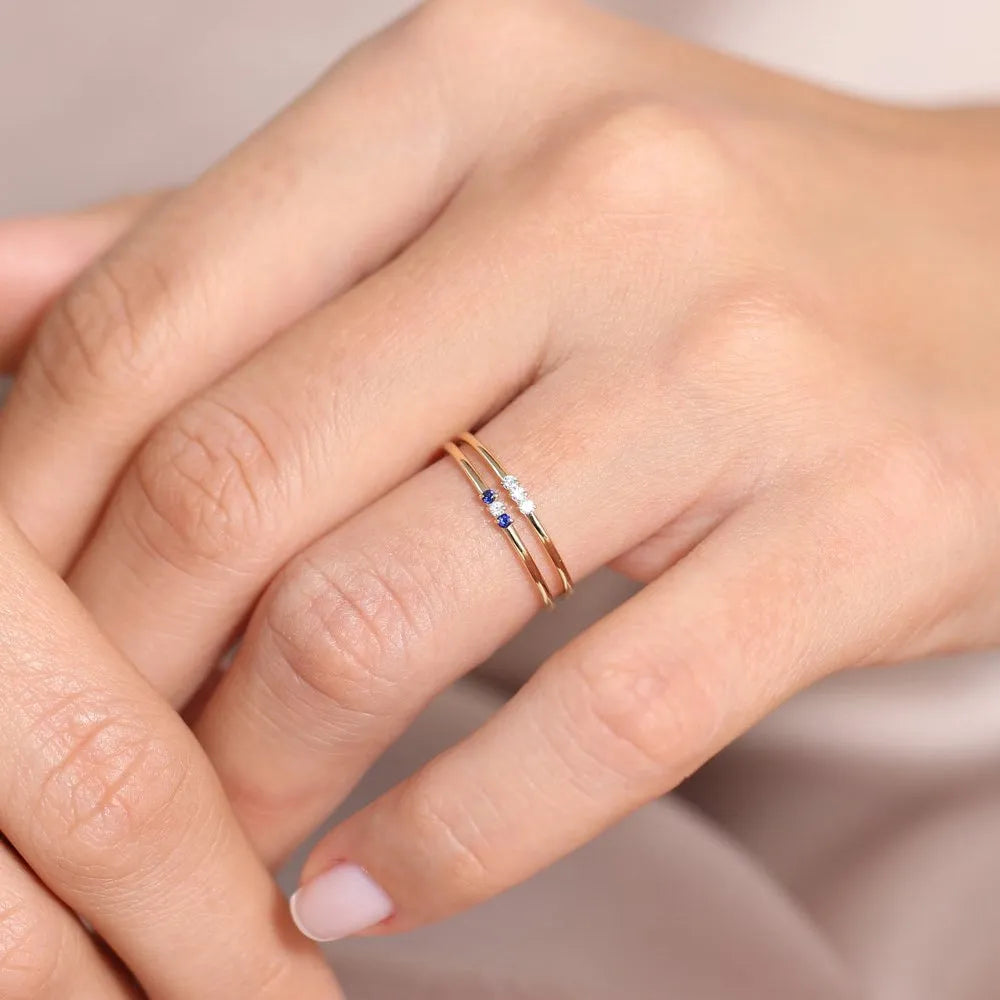 14k Gold Sapphire and Diamond Round Cut Minimal Three Stone Ring 0.06 ctw