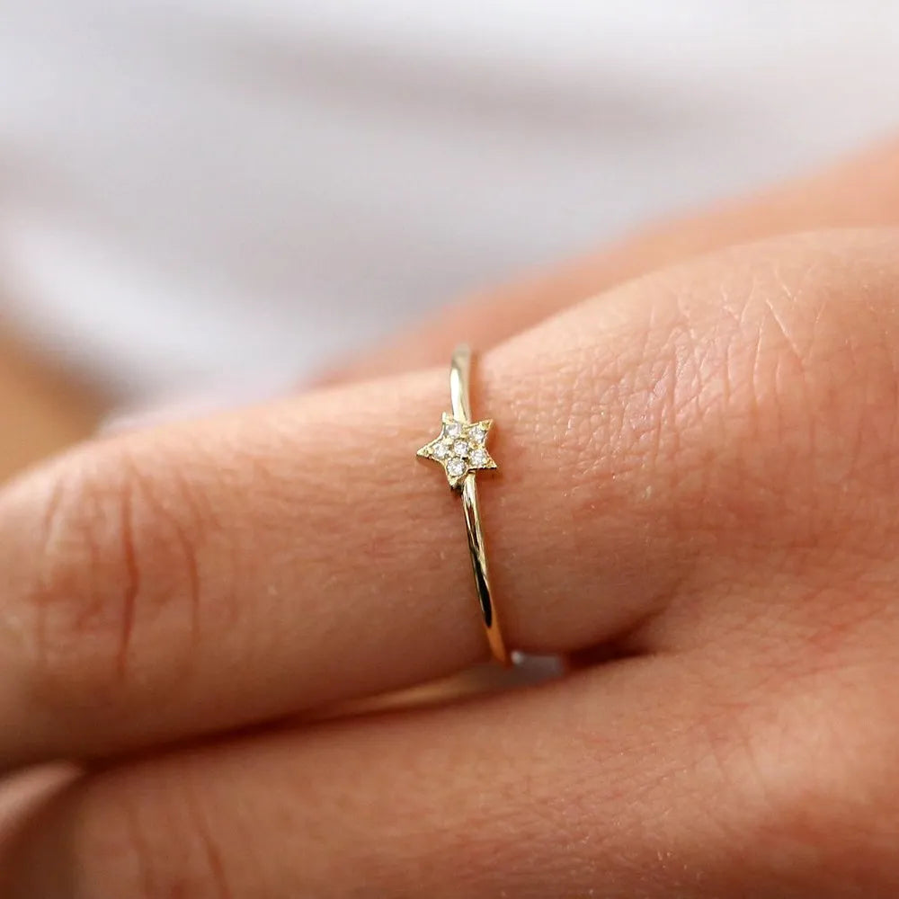 14K Solid Gold Round Diamond Star Shaped Stackable Ring