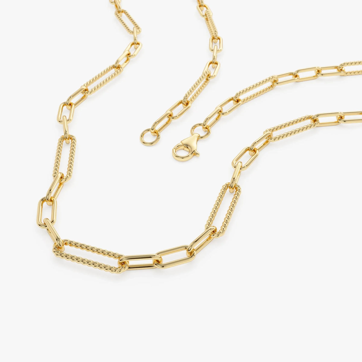 14k Solid Gold Twisted Rope and Plain Oval Paperclip Link Necklace