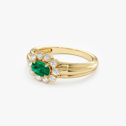 14K Solid Gold Oval Emerald and Round Diamond Bezel Halo Ring 0.60 CTW