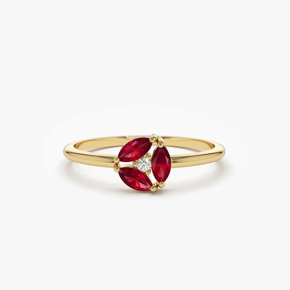 14k Gold Ruby and Diamond Marquise and Round Cut Cluster Ring Prong Setting 0.31 ctw