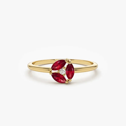 14k Gold Ruby and Diamond Marquise and Round Cut Cluster Ring Prong Setting 0.31 ctw