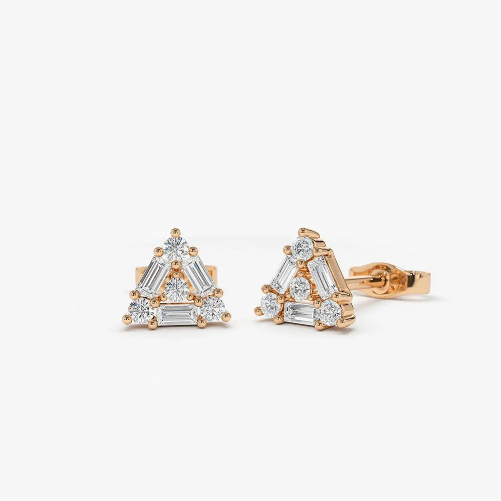 14k Gold Diamond Round and Baguette Cut Triangle Stud Earrings 0.45 ctw