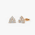 14k Gold Diamond Round and Baguette Cut Triangle Stud Earrings 0.45 ctw