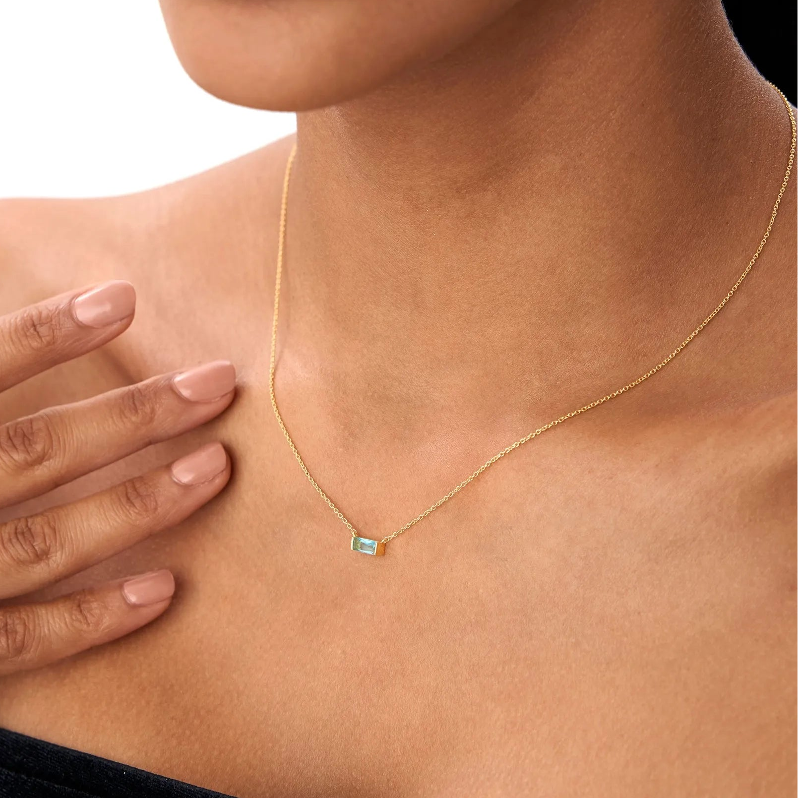 14k Solid Gold London Blue Topaz Baguette Birthstone Necklace 0.45 Carat