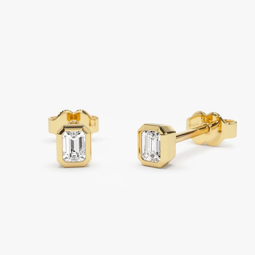 14k Gold Diamond Emerald Cut Bezel Setting Stud Earrings 0.24 ctw