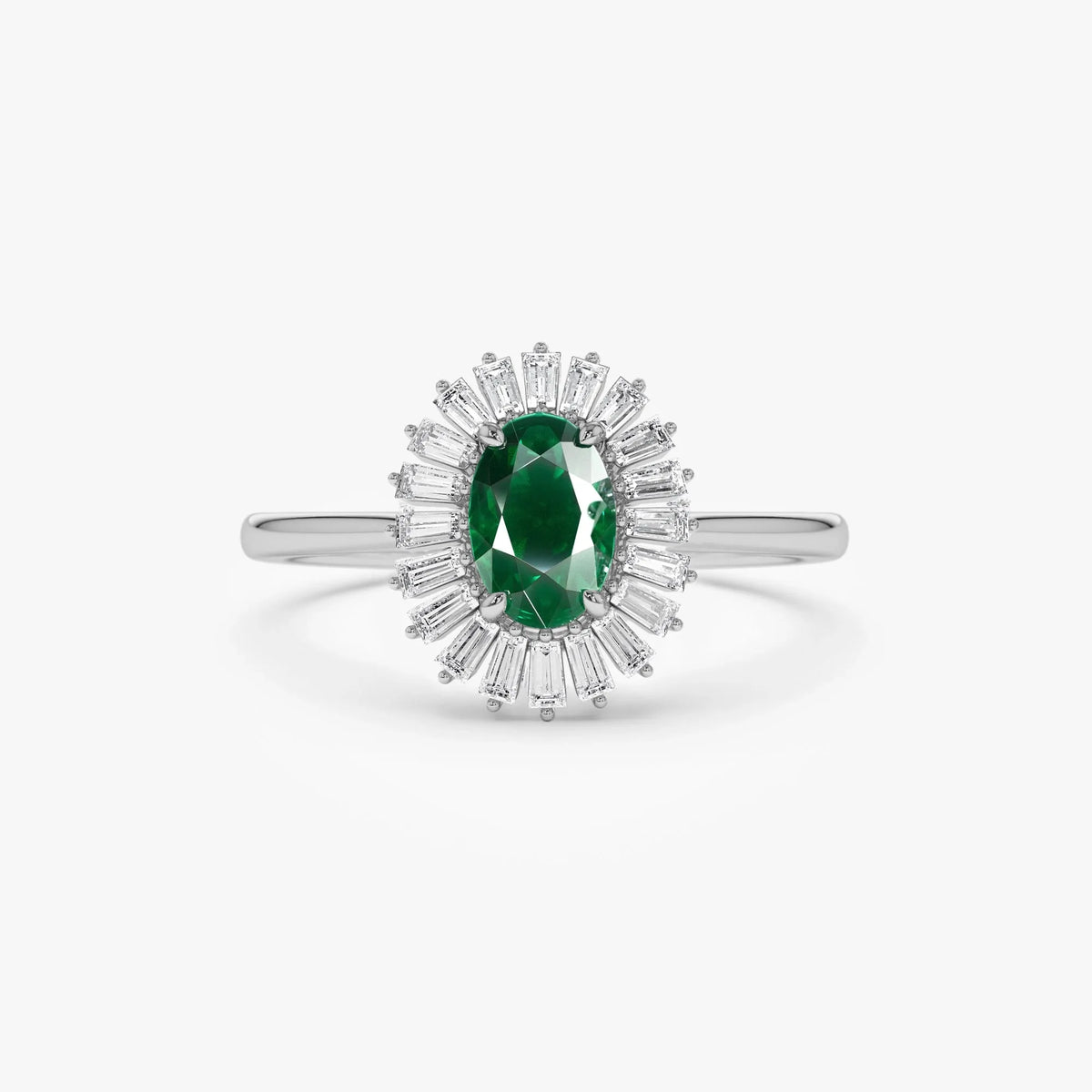 14K Solid Gold Oval Emerald and Baguette Diamond Ballerina Ring 0.65 CTW