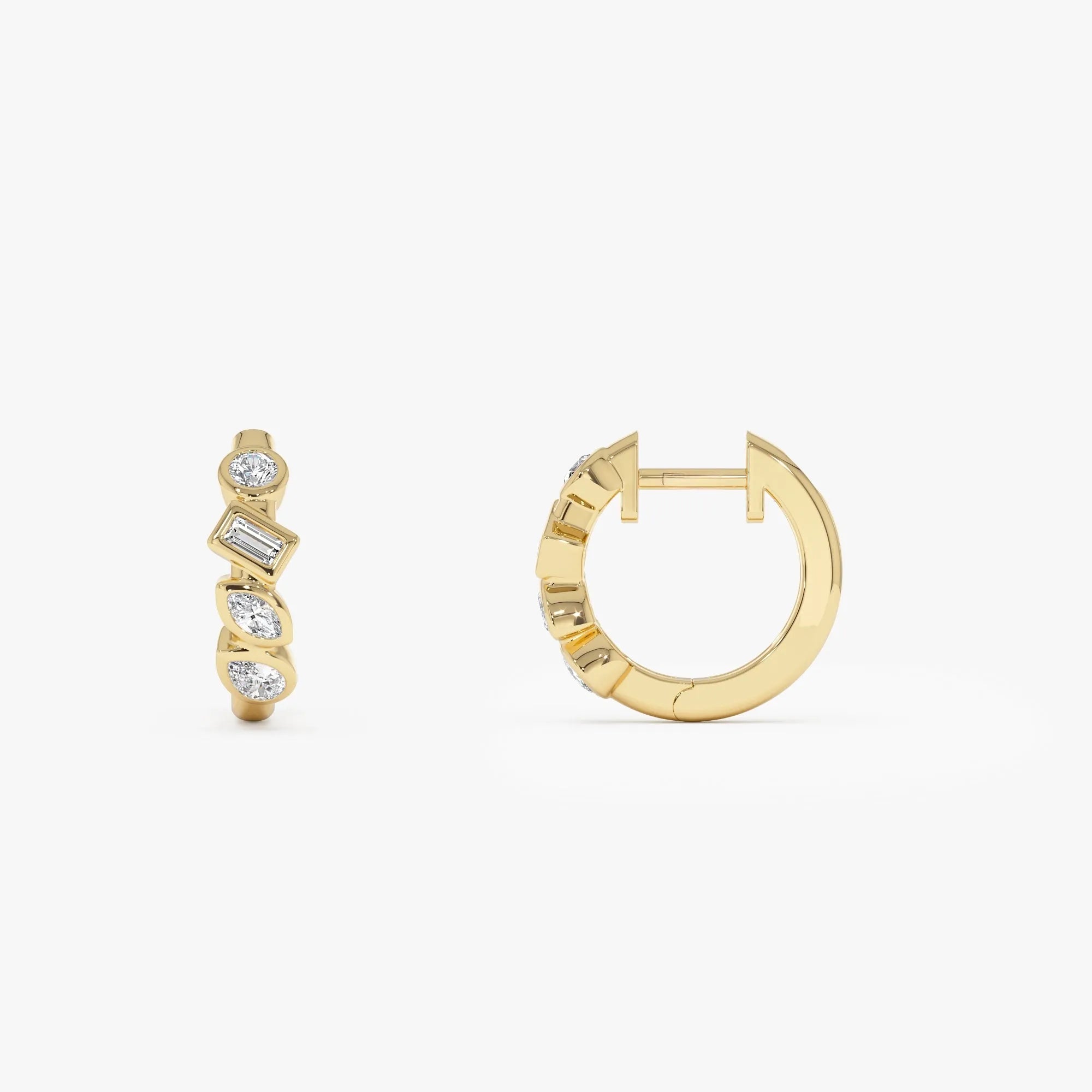 14k Gold Diamond Mixed Cut Baguette Marquise Pear Round Huggie Hoop Earrings 0.40 ctw