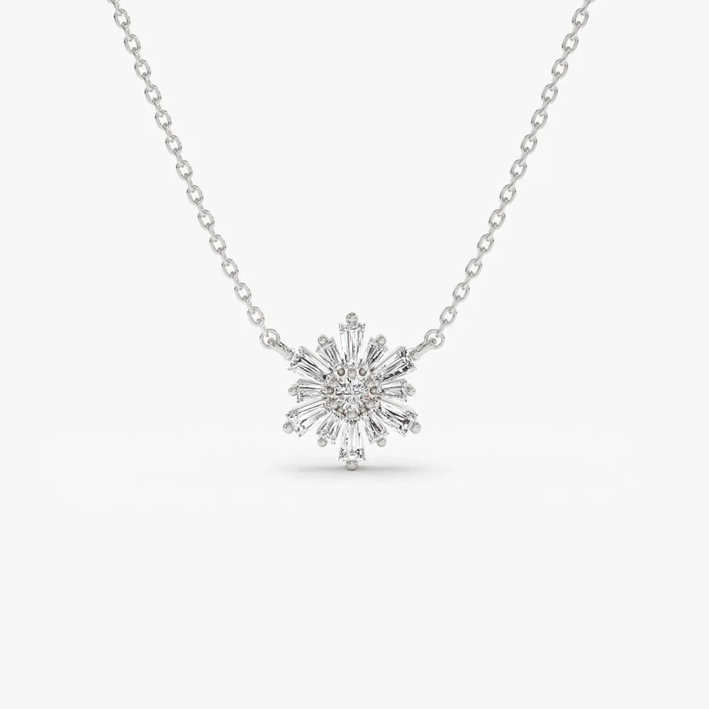 14K Solid Gold Round and Tapered Baguette Diamond Necklace Prong Setting 0.36ctw