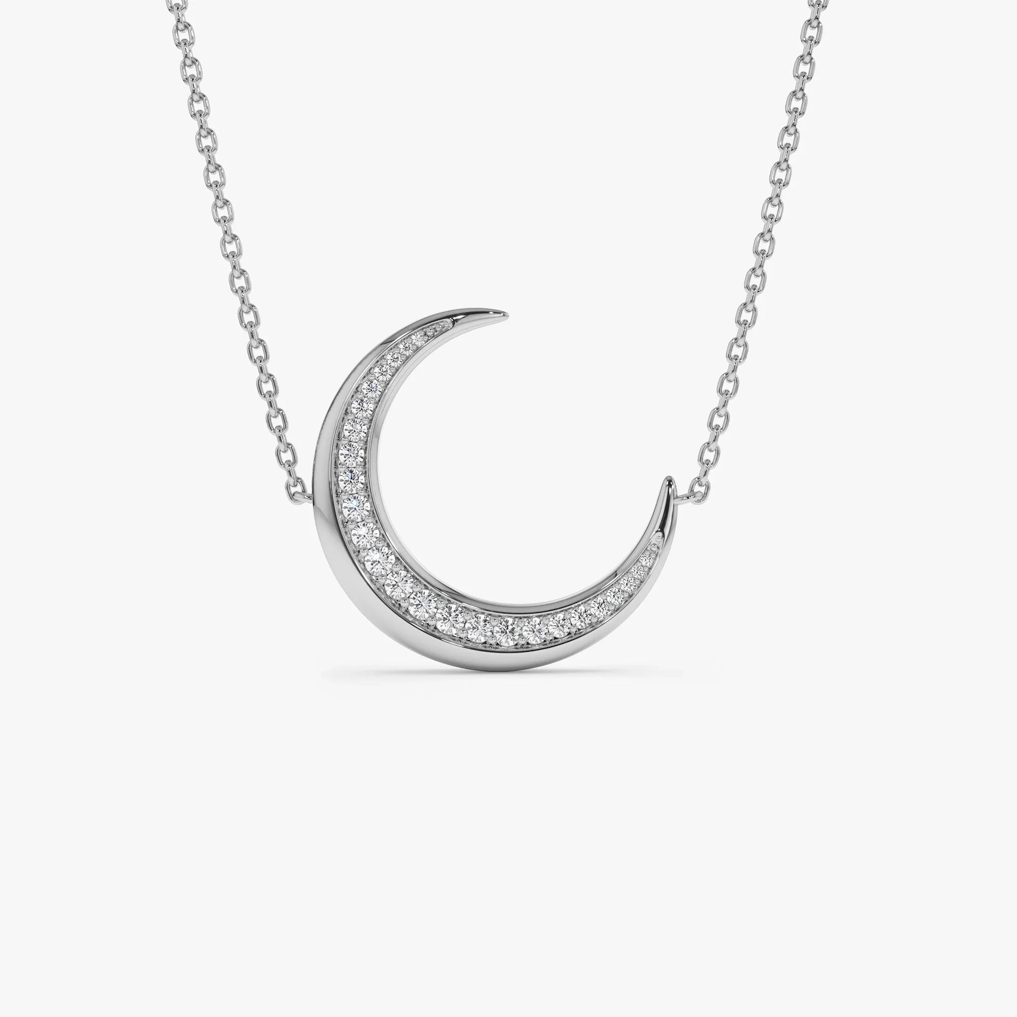 14K Solid Gold 0.25 CTW Round Diamond Large Crescent Moon Necklace
