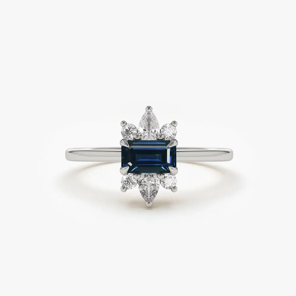 14k Gold Sapphire and Diamond Octagon Pear and Round Cut Ring 0.62 ctw