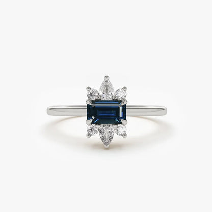 14k Gold Sapphire and Diamond Octagon Pear and Round Cut Ring 0.62 ctw