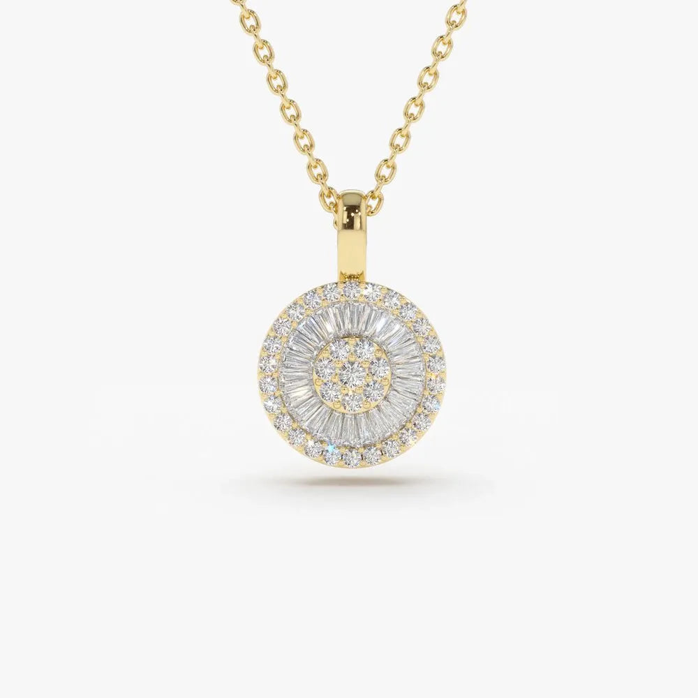 14K Solid Gold Baguette and Round Diamond Disc Cluster Necklace 0.44ctw