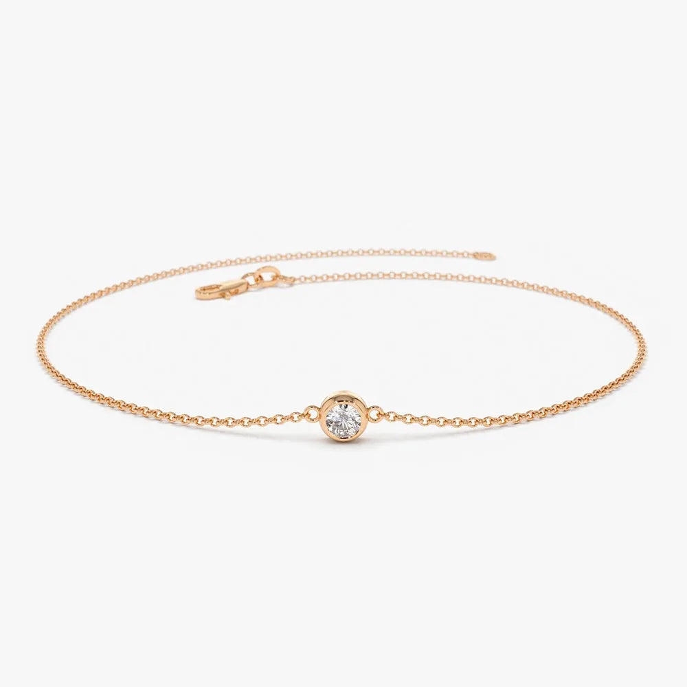 14K Solid Gold Round Diamond Solitaire Bracelet Bezel Setting 0.11 Carat