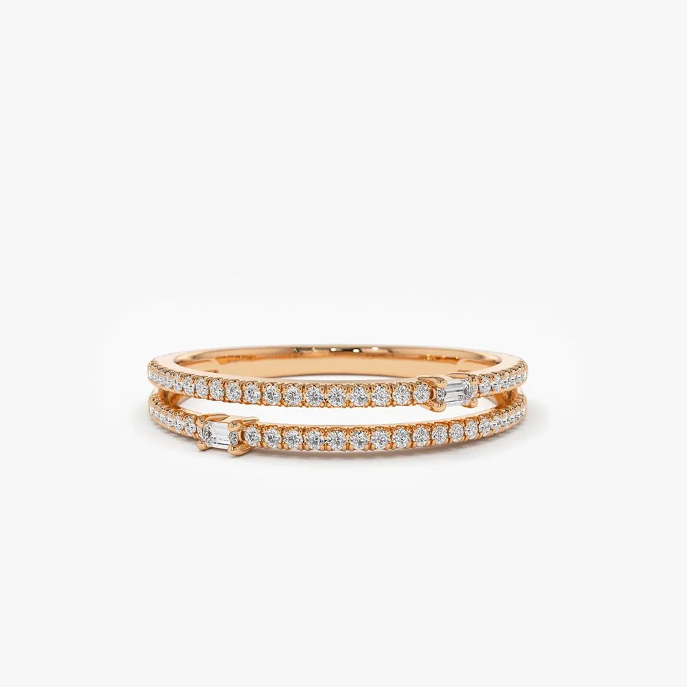 14k Gold Baguette and Round Diamond 0.29 CTW Double Row Micro Pave Statement Ring