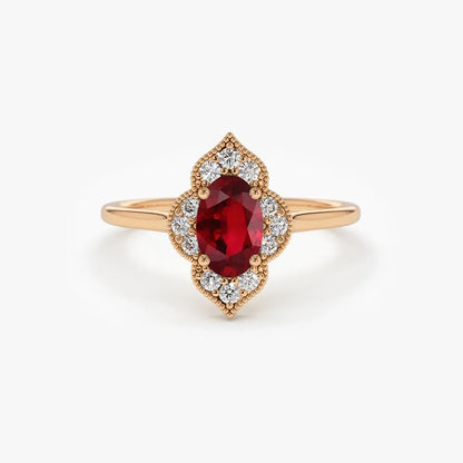 14k Gold Ruby and Diamond Oval Round Cut Victorian Ring Prong Micro Pave 0.58 ctw