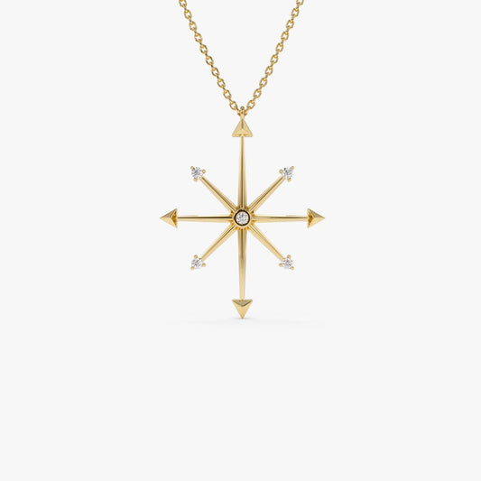14K Solid Gold 0.11 CTW Round Diamond Compass Charm Necklace