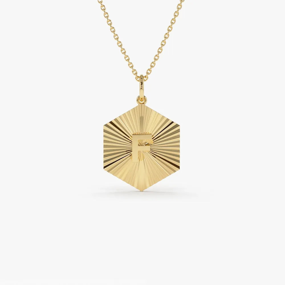 14k Solid Gold Sparkle Hexagon Disc Initial Pendant Necklace