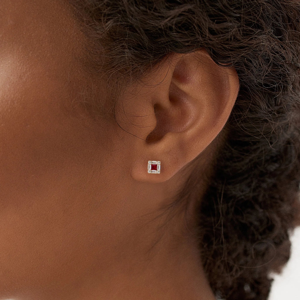 14k Gold Ruby and Diamond Princess Cut Halo Stud Earrings 0.37 ctw