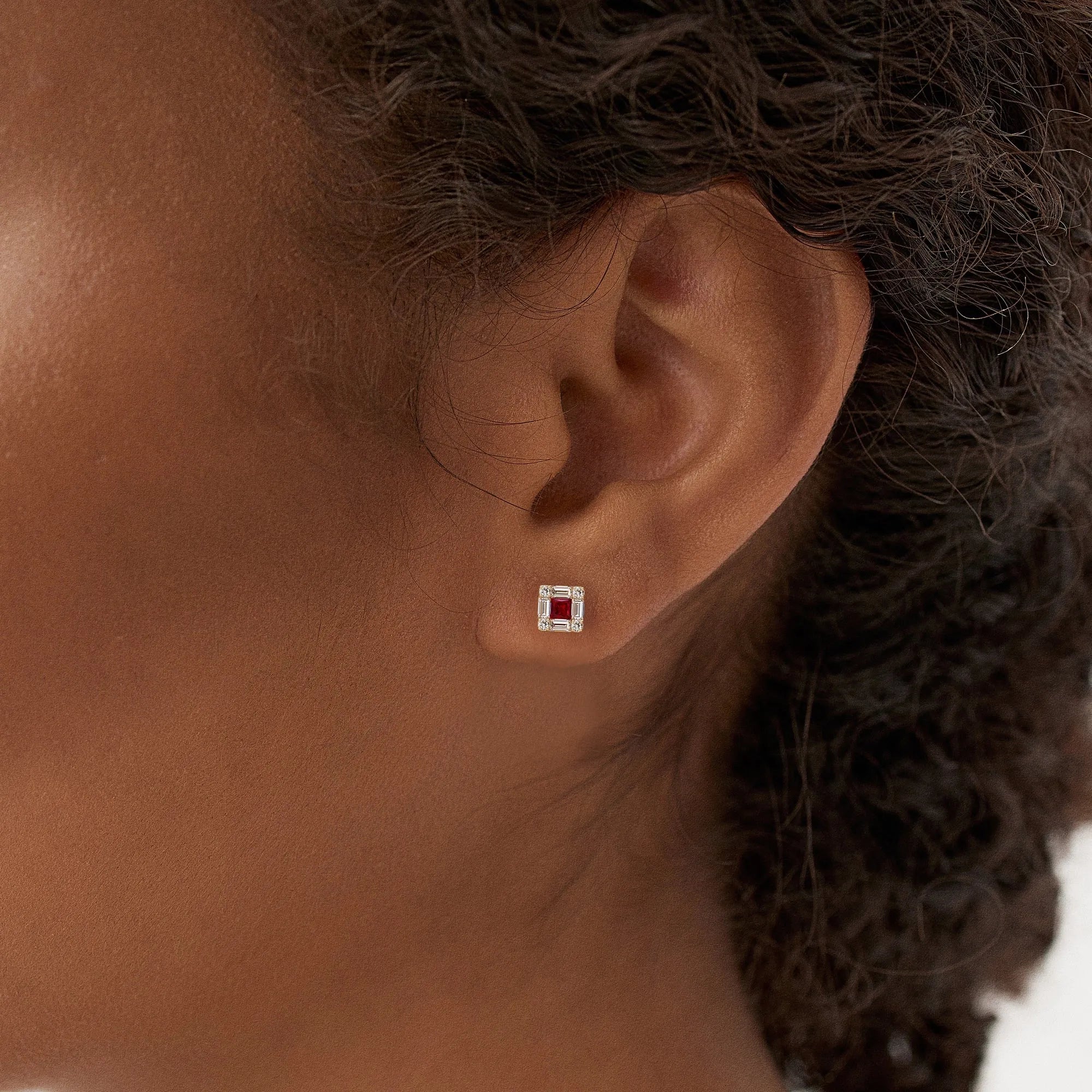 14k Gold Ruby and Diamond Princess Cut Halo Stud Earrings 0.37 ctw