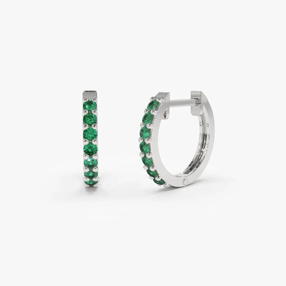 14K Solid Gold Round Emerald Huggie Hoop Earrings 0.25 CTW