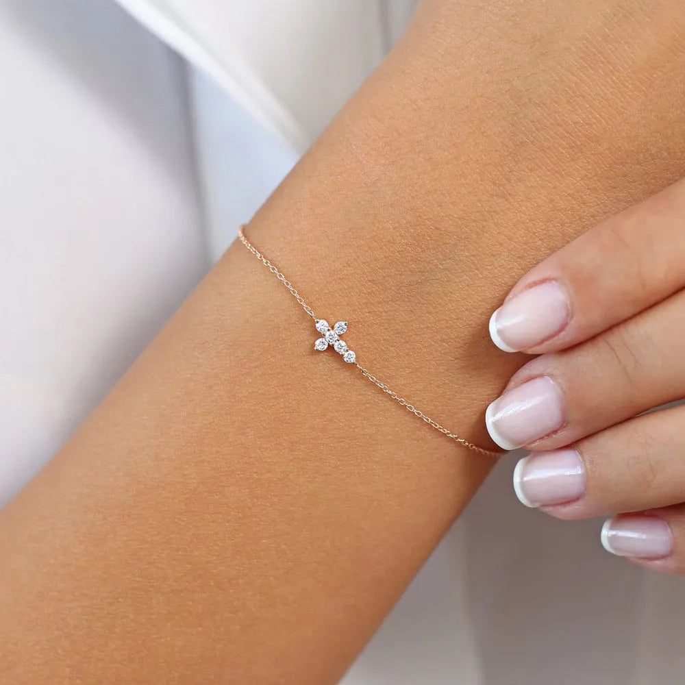 14K Solid Gold Round Diamond Cross Chain Bracelet Prong Setting 0.21 Carat