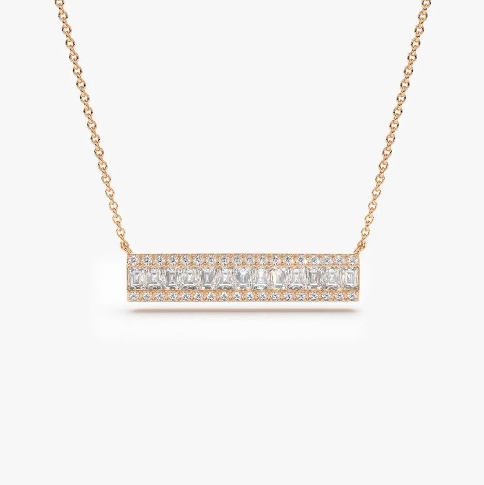 14K Solid Gold Baguette and Round Diamond Horizontal Bar Necklace 0.50ctw