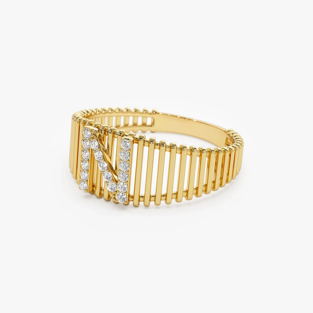 14K Solid Gold Round Diamond Ribbed Cage Initial Ring Personalized Custom Jewelry