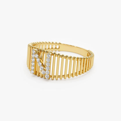 14K Solid Gold Round Diamond Ribbed Cage Initial Ring Personalized Custom Jewelry