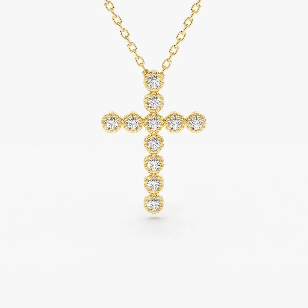 14K Solid Gold Round Diamond Cross Pendant Necklace Milgrain Bezel Set 0.20ctw