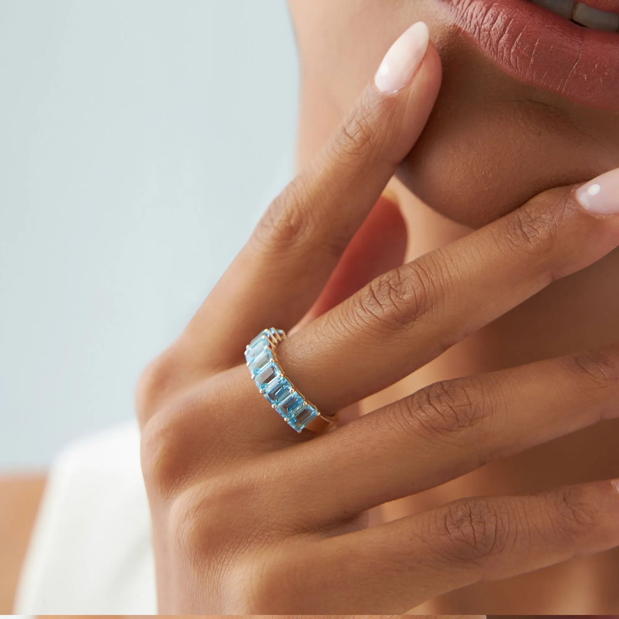 14K Solid Gold Emerald Cut Swiss Blue Topaz 3.00 Carat Nine Stone Ring