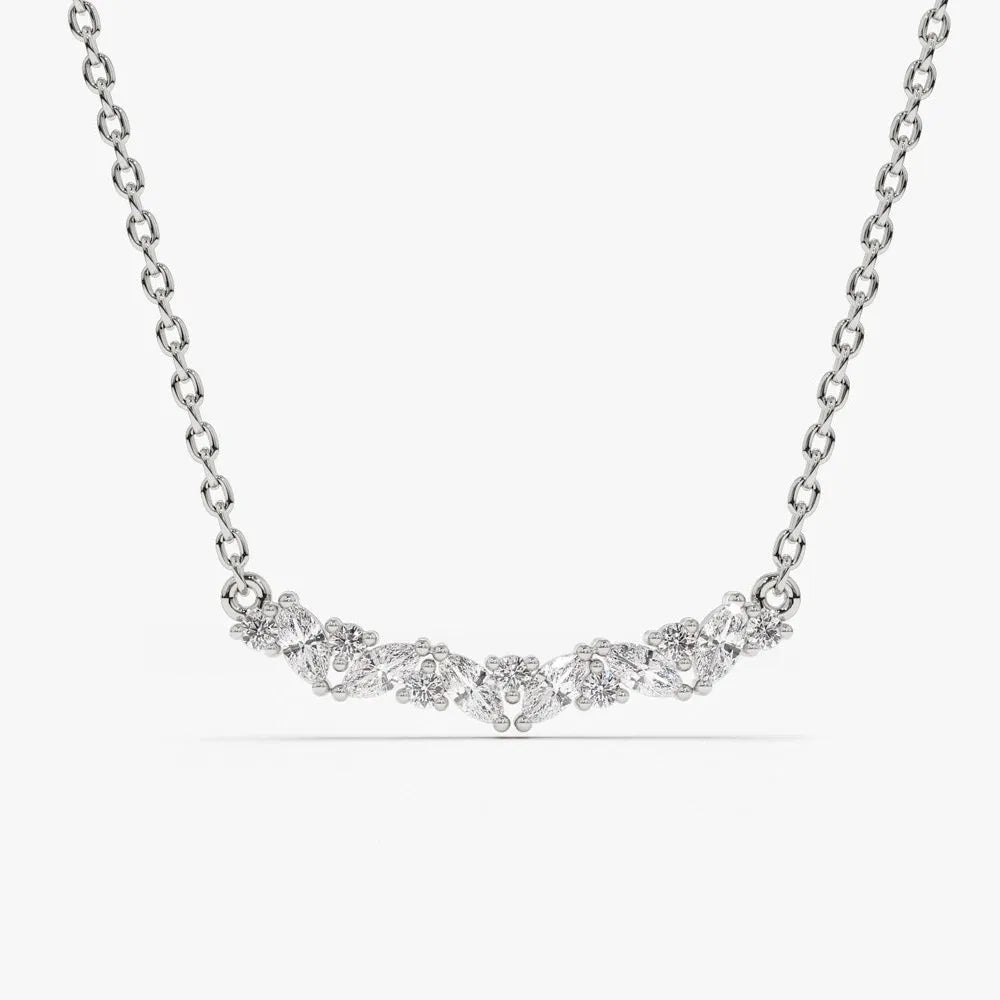 14K Solid Gold Marquise and Round Diamond Slanted Necklace 0.28ctw