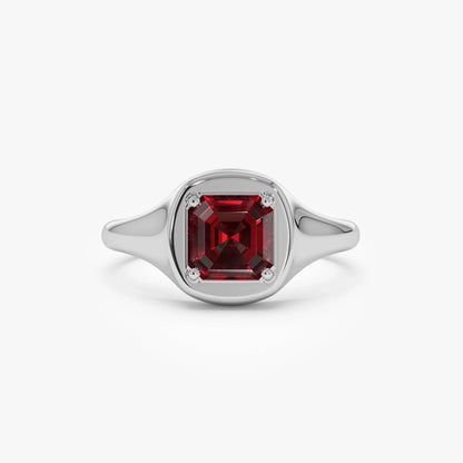 14K Solid Gold Asscher Cut Garnet 1.35 Carat Signet Ring