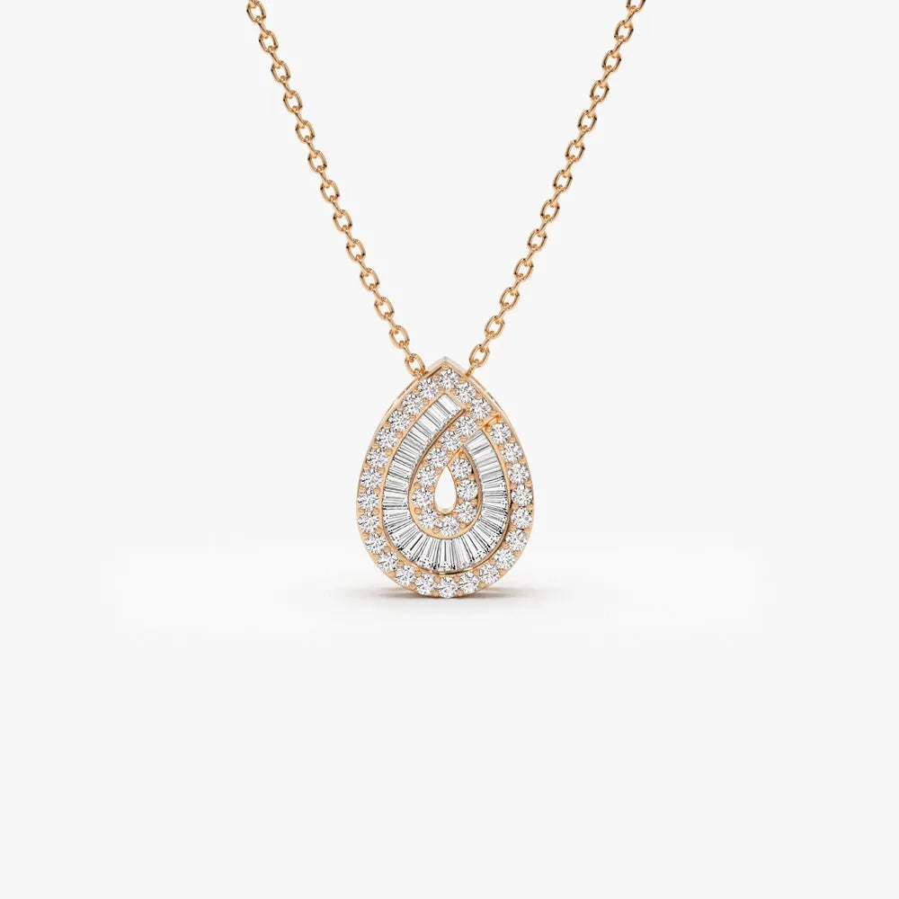 14K Solid Gold Baguette and Round Diamond Teardrop Statement Necklace 0.48ctw