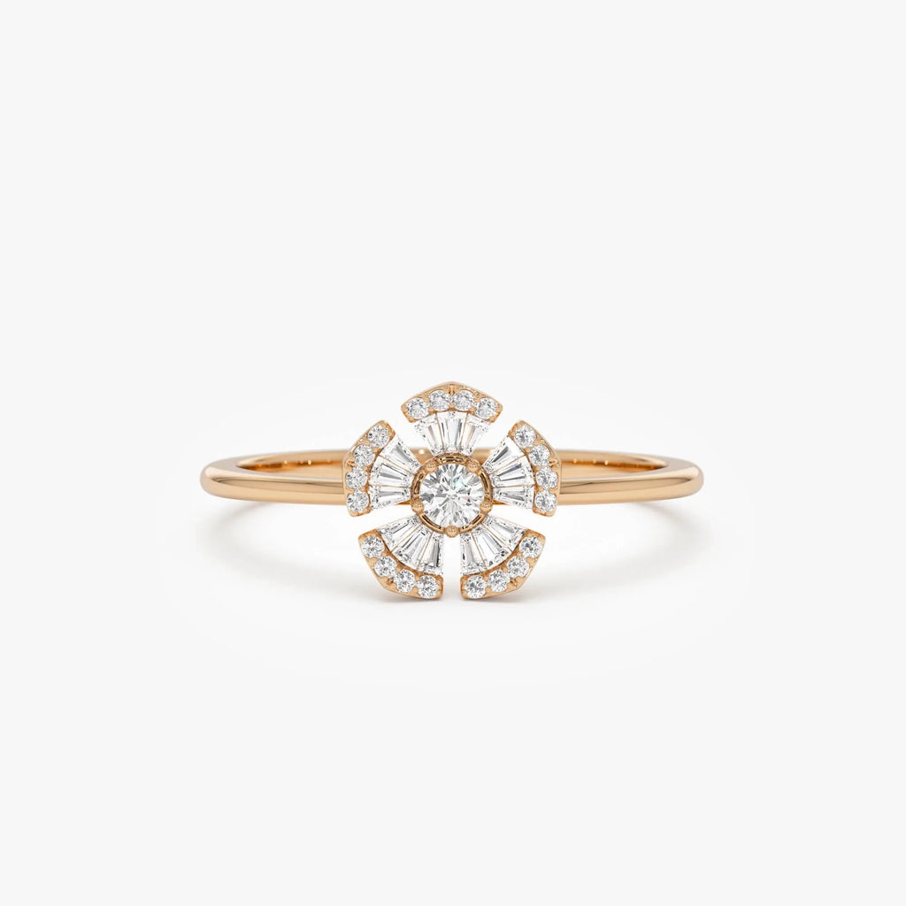 14k Gold 0.33 ctw Round and Baguette Diamond Floral Ring