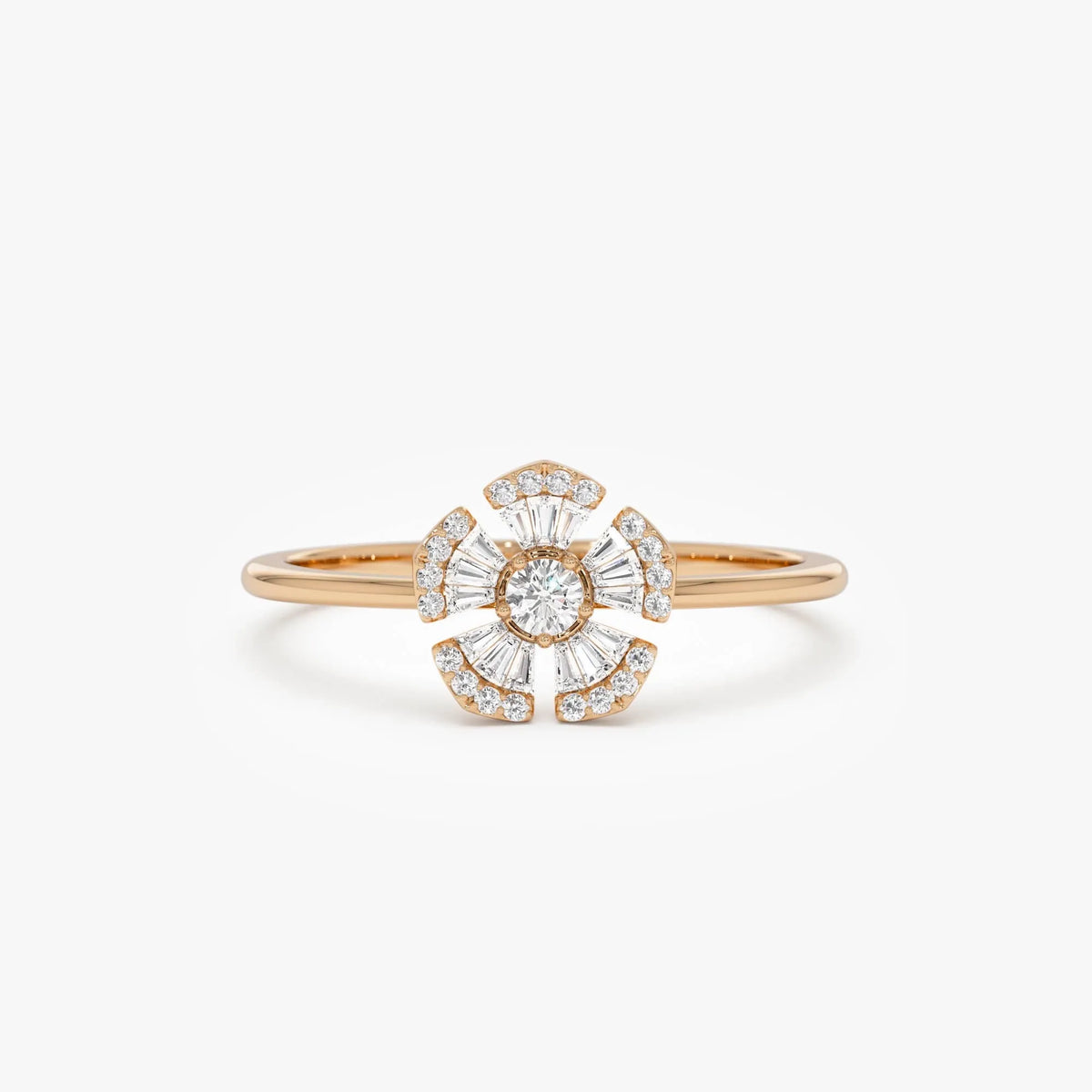 14k Gold 0.33 ctw Round and Baguette Diamond Floral Ring
