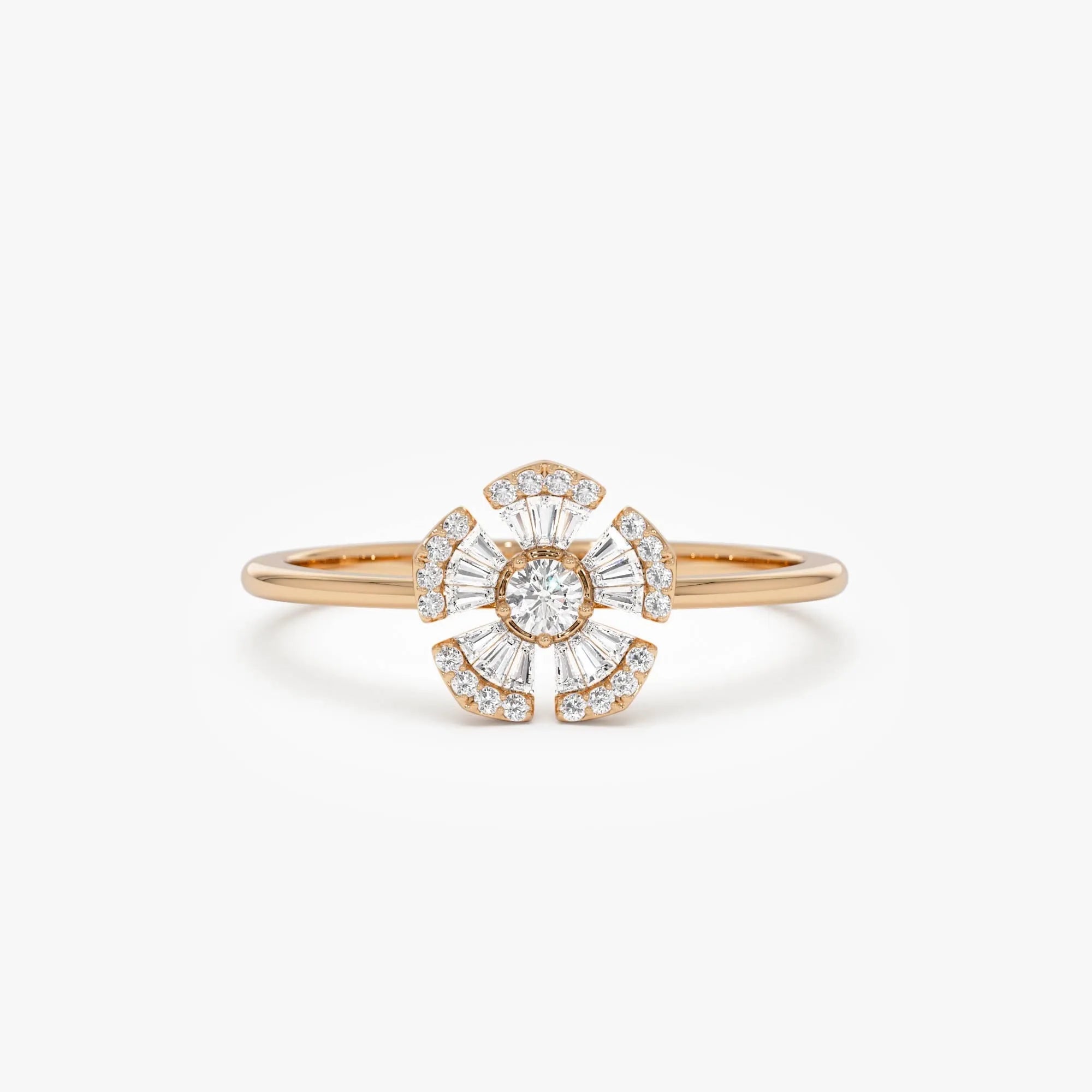 14k Gold 0.33 ctw Round and Baguette Diamond Floral Ring