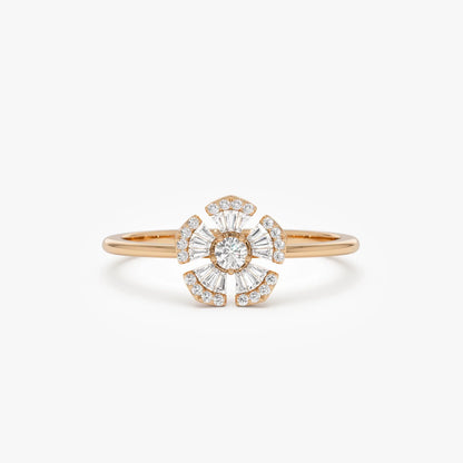 14k Gold 0.33 ctw Round and Baguette Diamond Floral Ring