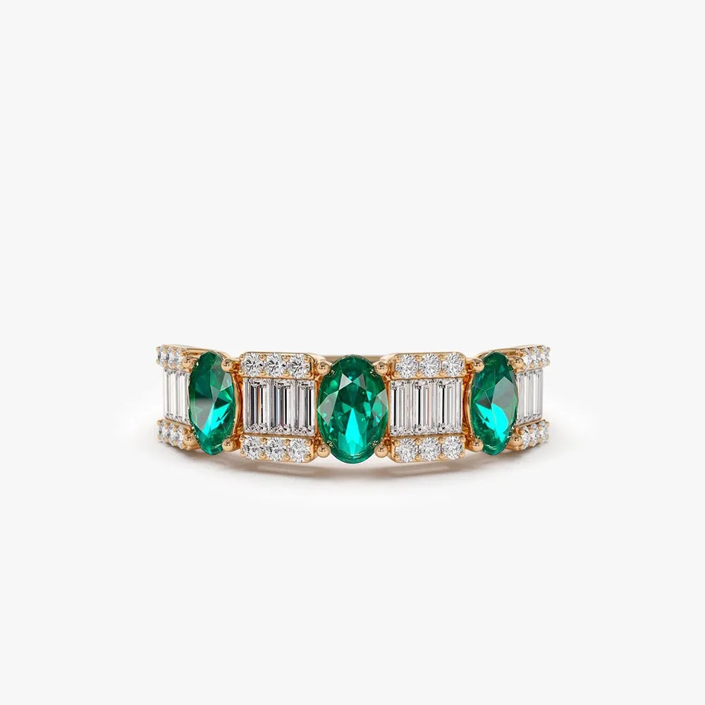 14K Solid Gold Oval Emerald and Baguette Round Diamond Ring 1.43 CTW Handcrafted Jewelry