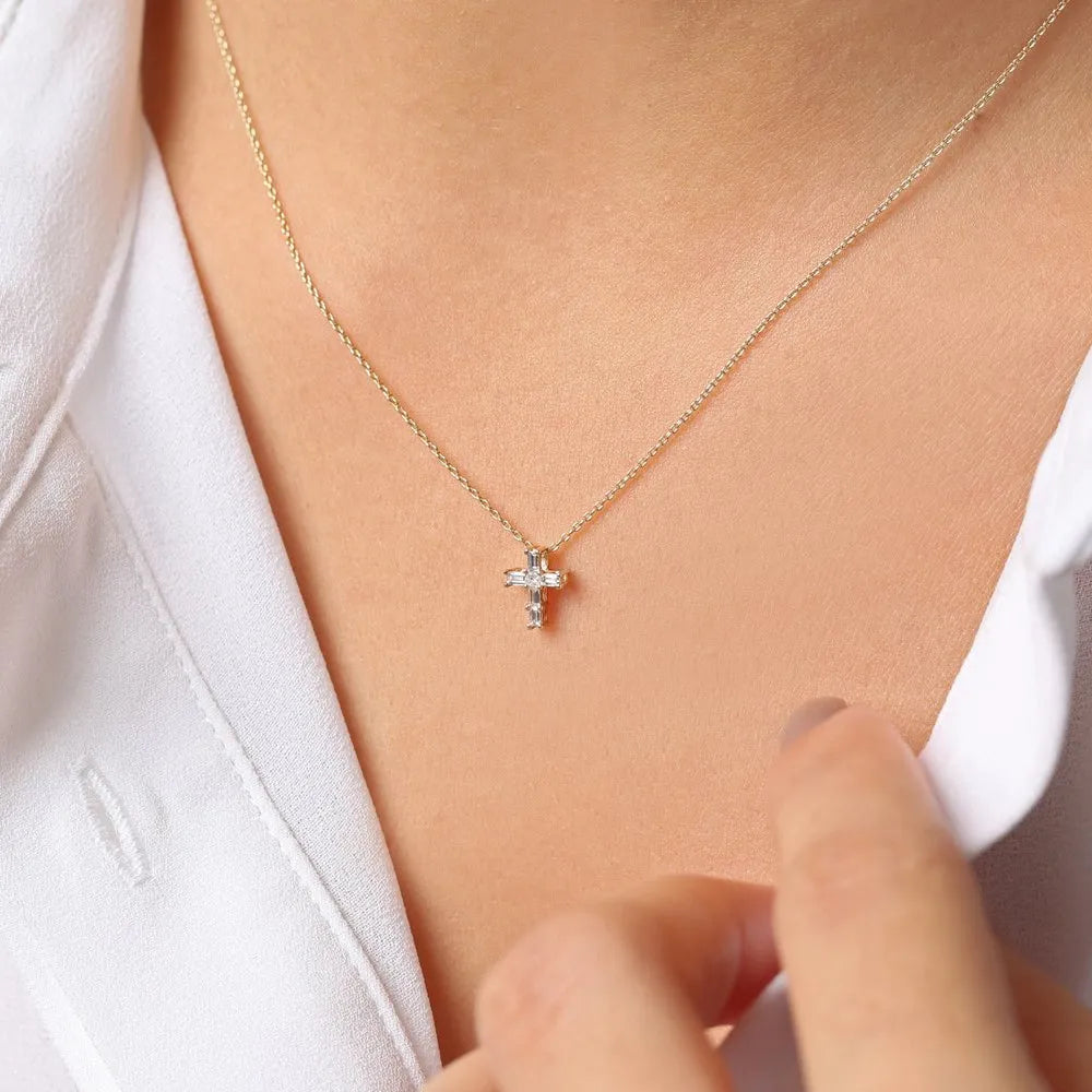 14K Solid Gold Baguette and Princess Cut Diamond Cross Pendant Necklace 0.15ctw