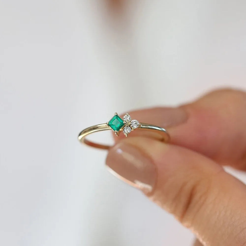 14K Solid Gold Princess Cut Emerald and Round Diamond Ring 0.14 CTW Handcrafted Jewelry