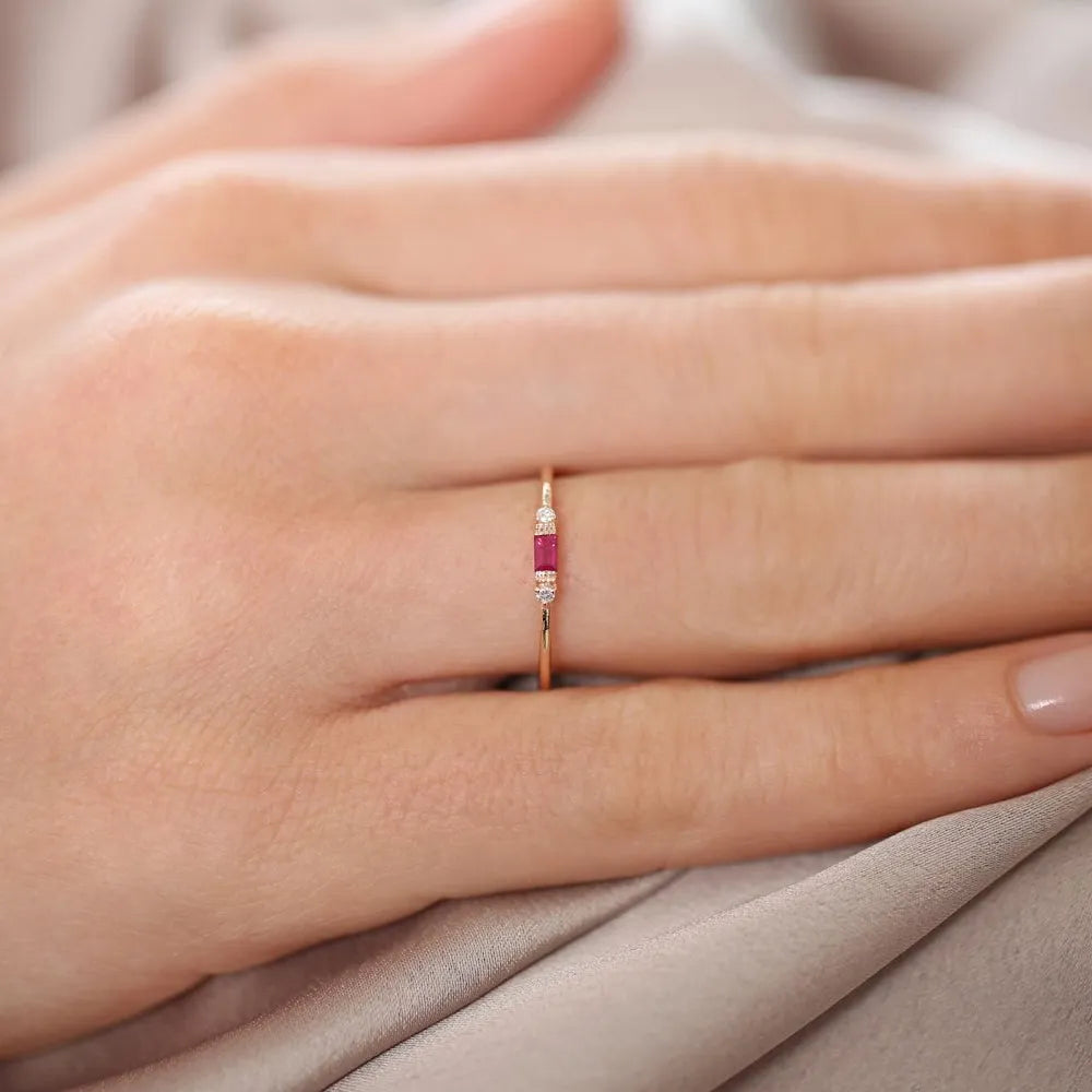 14k Gold Ruby and Diamond Baguette and Round Cut Ring Channel and Prong Setting 0.14 ctw