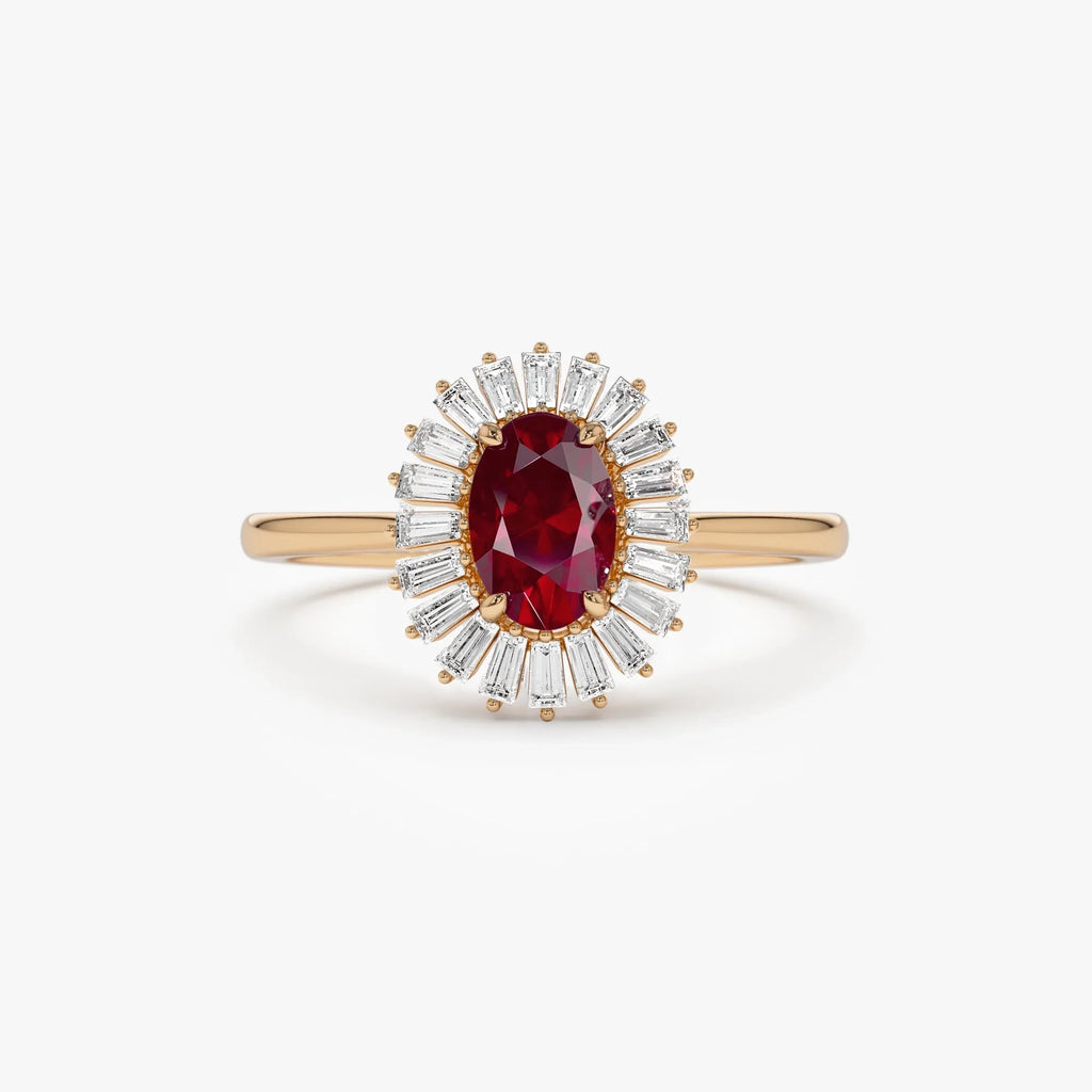 14k Gold Ruby and Diamond Oval and Baguette Cut Ballerina Ring 0.75 ctw