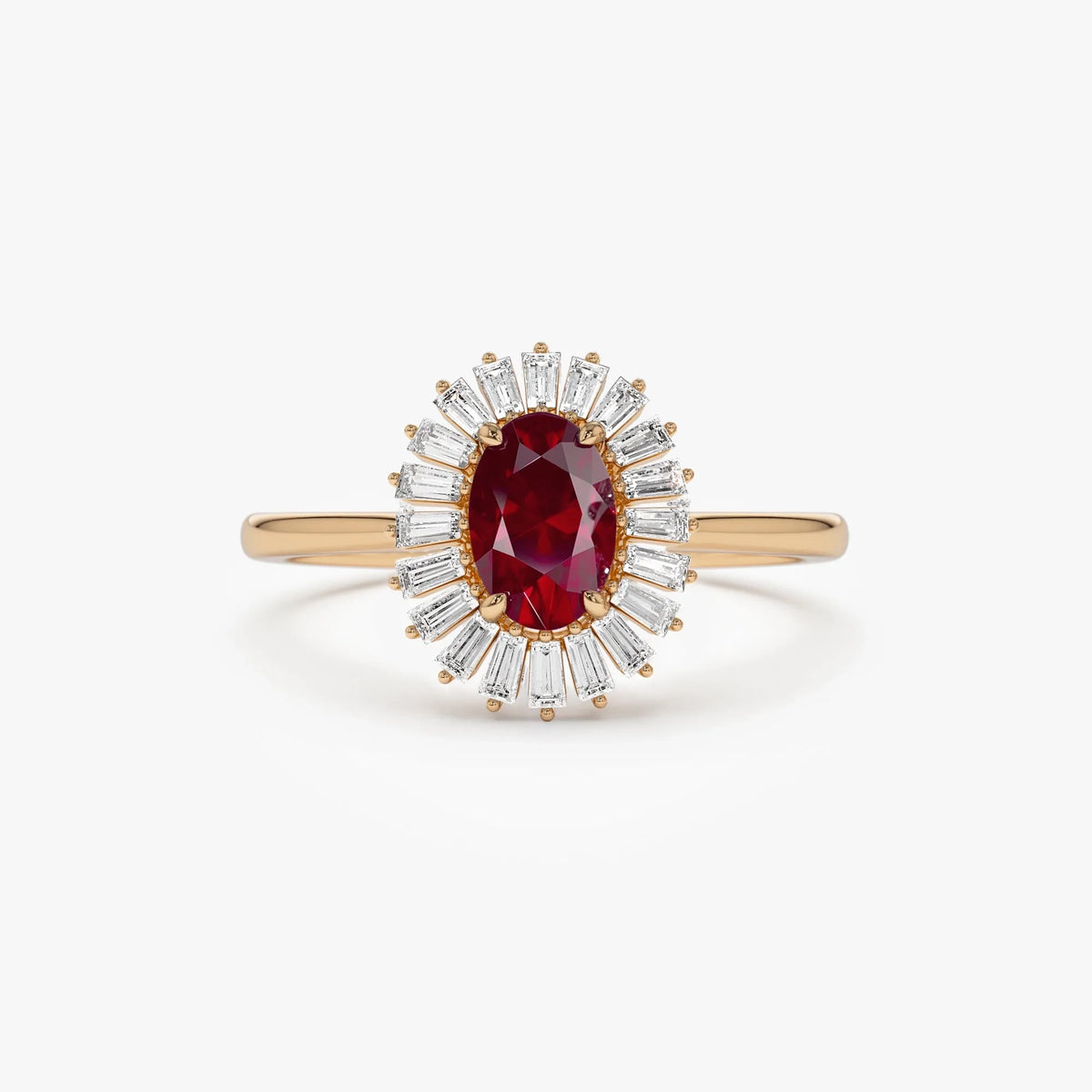 14k Gold Ruby and Diamond Oval and Baguette Cut Ballerina Ring 0.75 ctw