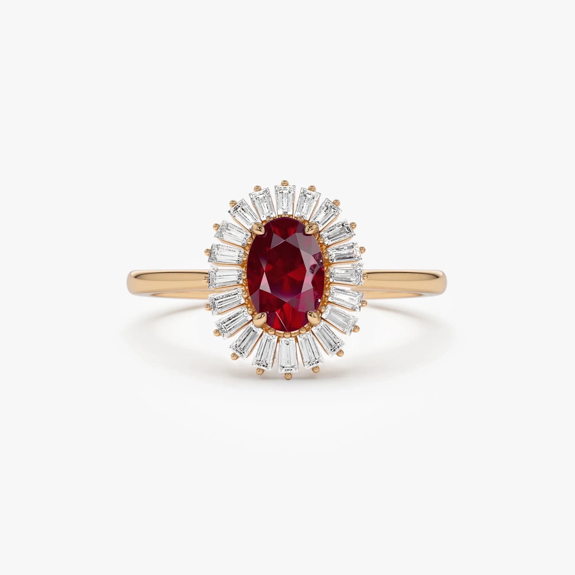 14k Gold Ruby and Diamond Oval and Baguette Cut Ballerina Ring 0.75 ctw