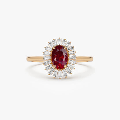 14k Gold Ruby and Diamond Oval and Baguette Cut Ballerina Ring 0.75 ctw