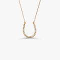 14K Solid Gold Round Diamond Large Horseshoe Pendant Necklace 0.18ctw